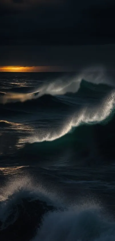 Dark ocean waves with sunset glow in the background.