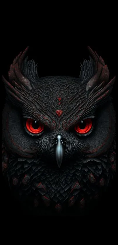 Intricate dark owl with red eyes on black background for phone wallpaper.