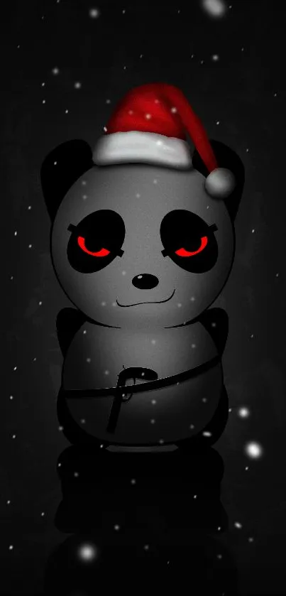 Dark panda with Santa hat and red eyes on a festive winter background.