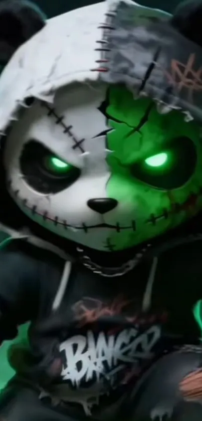 Dark panda in hoodie with green glowing eyes