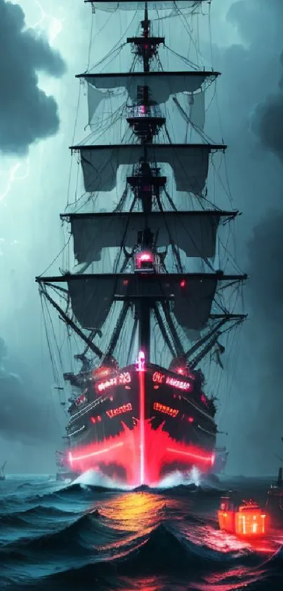 Dark pirate ship on stormy sea with red lights and clouds.