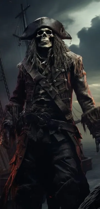 Skeleton pirate stands on ship deck under stormy sky.