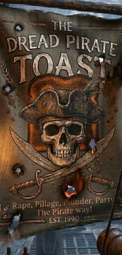 Pirate-themed wallpaper with skull and swords.