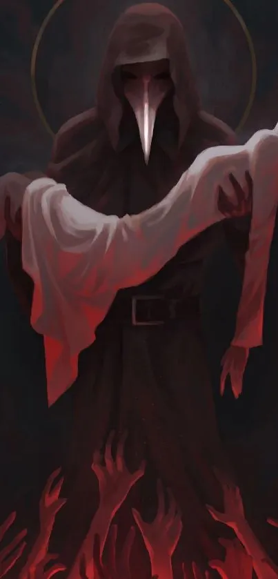 Dark plague doctor holds a figure amid red tones and reaching hands.