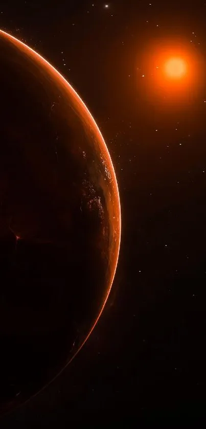 Dark planet with bright orange sun in space, creating a cosmic scene.