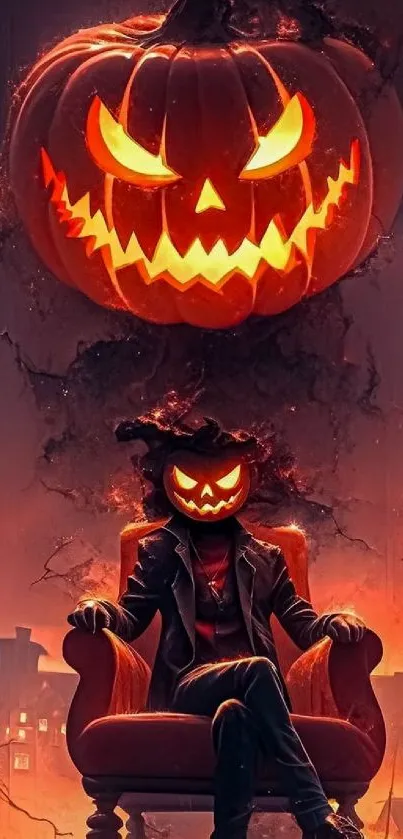 Spooky Halloween wallpaper with glowing pumpkin head figure in eerie chair.