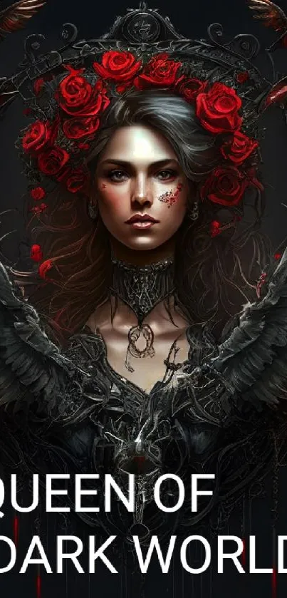 Dark queen with wings and crimson roses in a gothic fantasy setting.