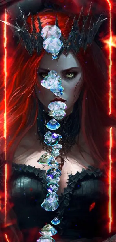 Dark queen with red hair on throne in gothic artwork.