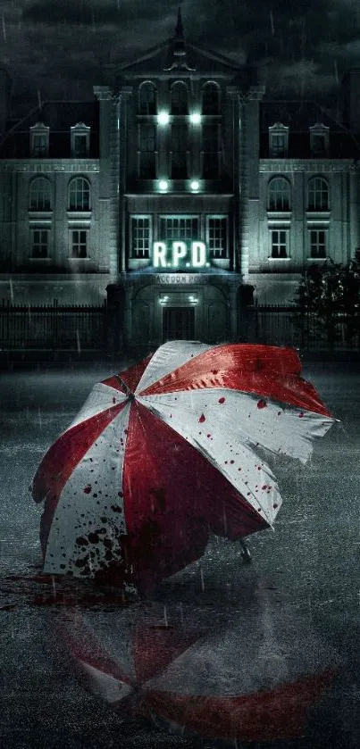 Blood-stained umbrella on a rainy night with a mysterious building in the background.