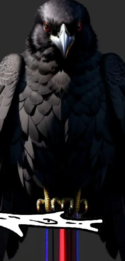 Dark raven perched elegantly on a branch against a black background.