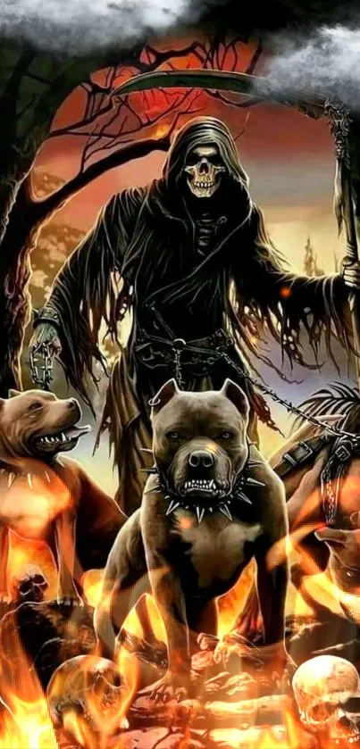 Dark reaper with fierce dogs in a fiery forest wallpaper.