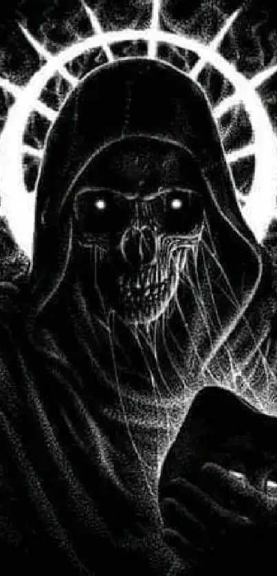 Dark reaper with glowing eyes and hooded figure, perfect for mobile wallpaper.