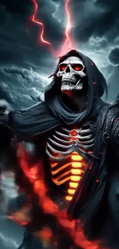 Dark reaper fantasy art with glowing elements and stormy sky