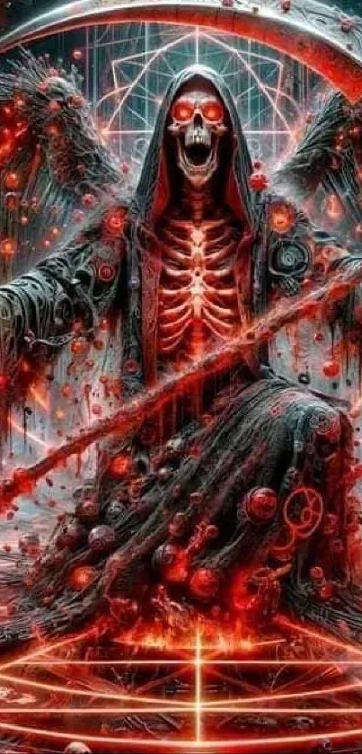 Dark fantasy reaper with scythe in red glow.