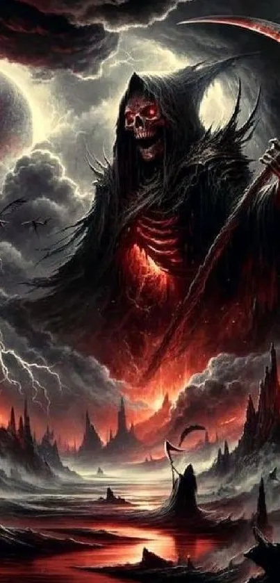 Dark reaper with glowing eyes in a stormy, red-tinged fantasy landscape.