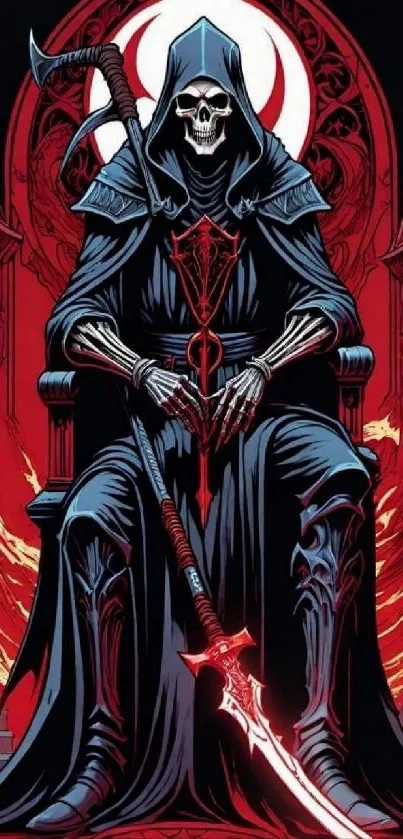 Gothic wallpaper featuring a skeletal reaper on a throne with dark, fiery accents.