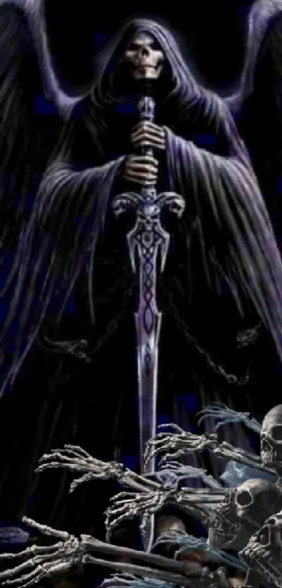 Hooded reaper with sword and skeletons in dark gothic style wallpaper.