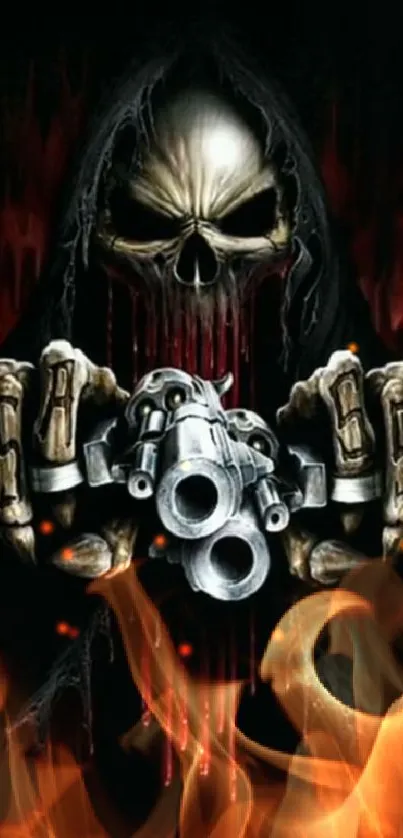 Dark hooded reaper holding guns in moody skull art.