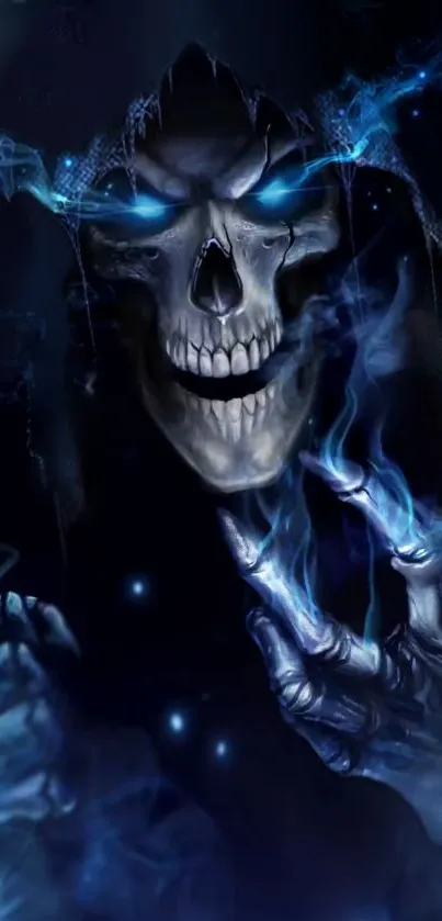 Dark reaper with glowing blue eyes and skull on mobile wallpaper.