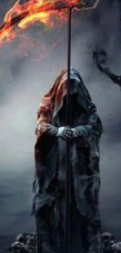 Dark cloaked reaper with fiery scythe wallpaper.