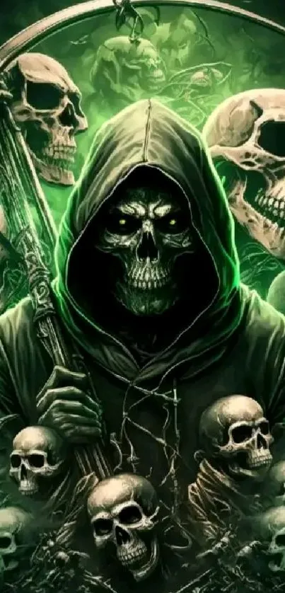 Dark reaper surrounded by glowing skulls in green aura.