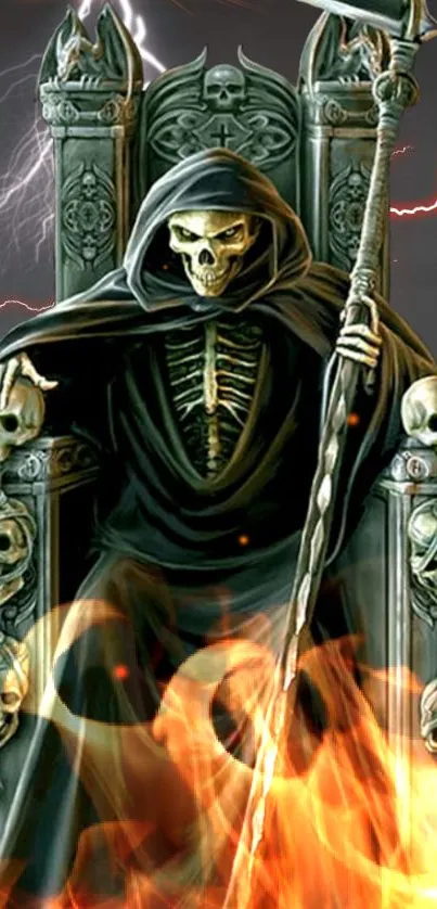 Dark reaper sitting on a fiery throne surrounded by intricate skulls.