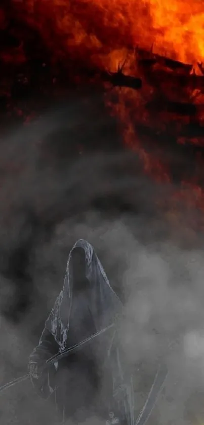 Dark robed figure with fiery sky and smoke in the background.