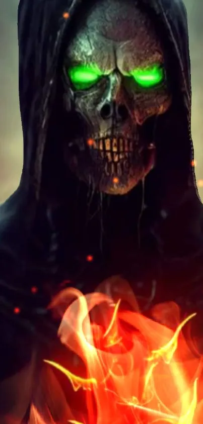 Gothic reaper with green eyes and fiery aura against a dark background.