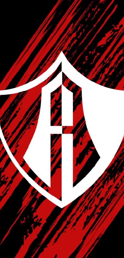 Bold red and black wallpaper with a white shield emblem.