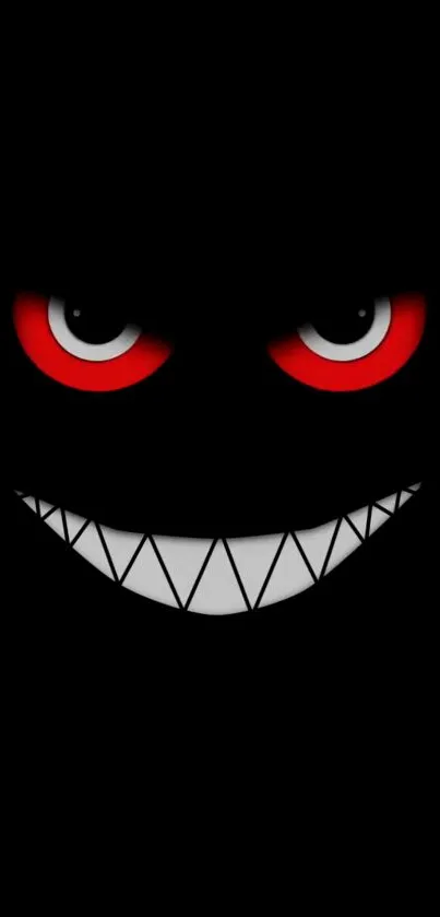 Grinning face with red eyes on a dark background mobile wallpaper.