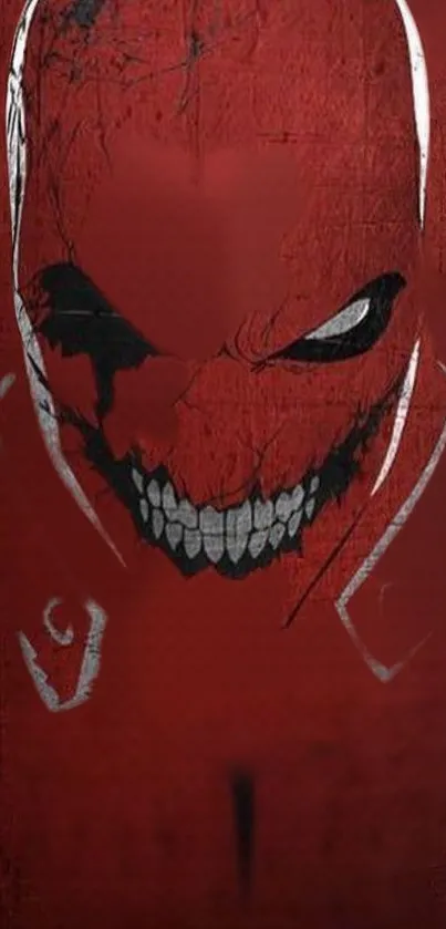 Intense dark red wallpaper with grinning face design.