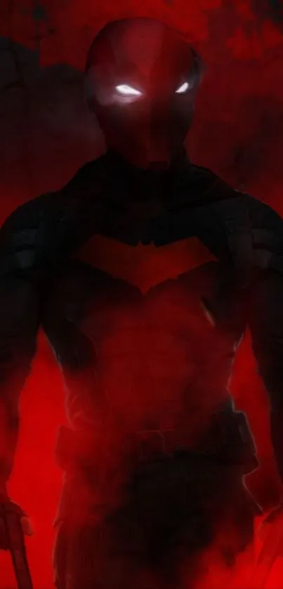 Silhouette of a hero with glowing eyes on a red backdrop.