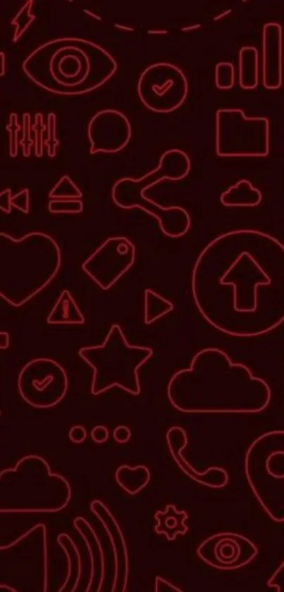 Dark red wallpaper with tech symbols and digital pattern design.