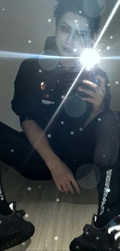 Reflective mirror selfie with dark attire and flash