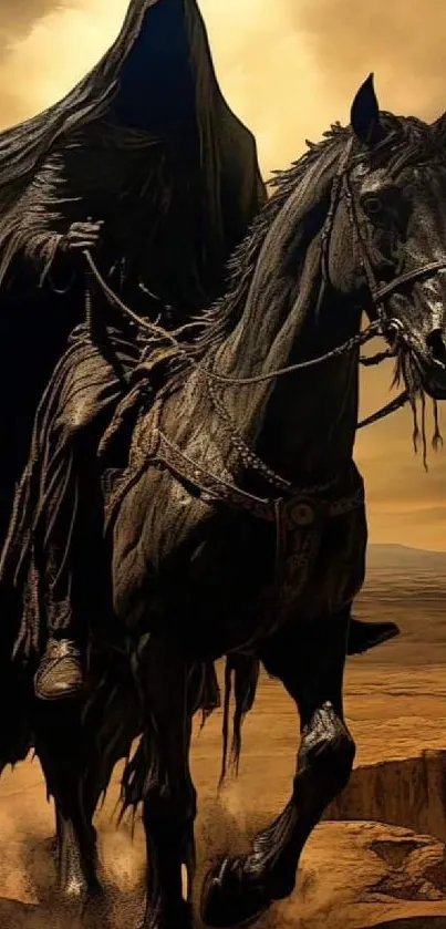 Dark rider enters desert landscape on a horse, conveying mystery and adventure.