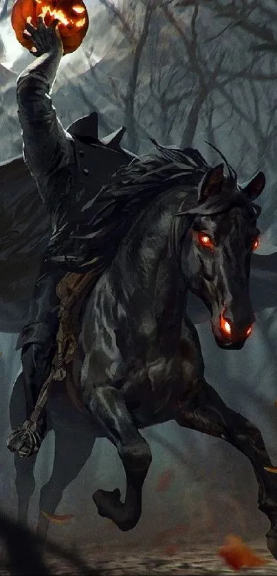 Dark rider with glowing pumpkin head on black horse in a dim forest.