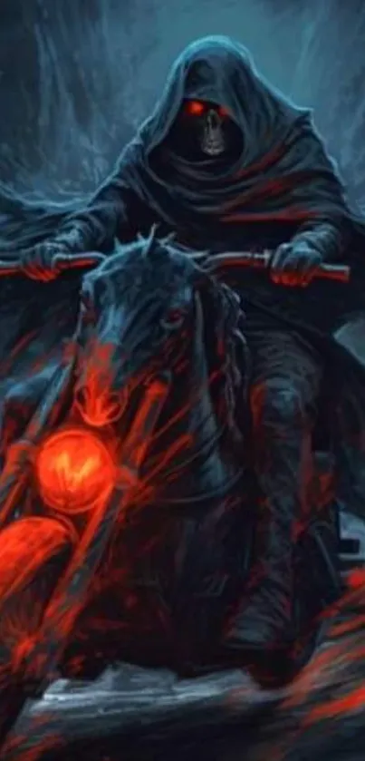 Dark rider on a fiery horse with red flames.