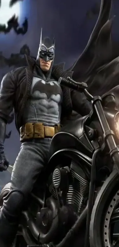 Superhero on a motorcycle in a dark, action-packed wallpaper scene.