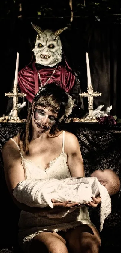 A woman with face paint holding a baby in a gothic dark ritual setting.