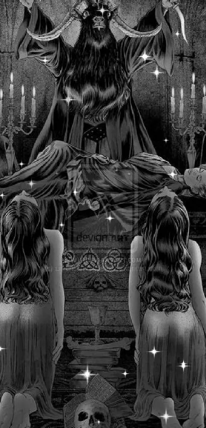 Black and white gothic ritual scene wallpaper.