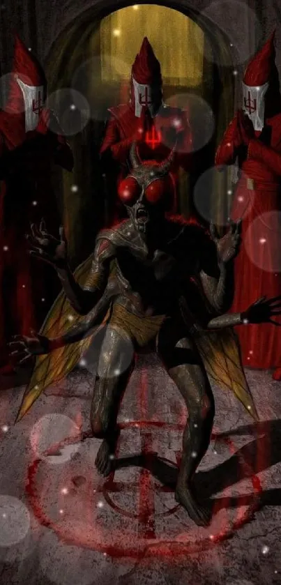 Mothman in ritual surrounded by red-robed figures.