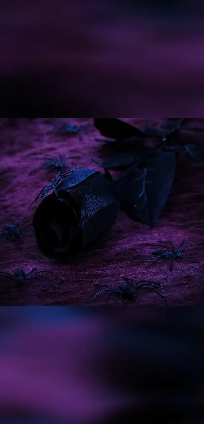 Dark rose with spiders on purple textile wallpaper.