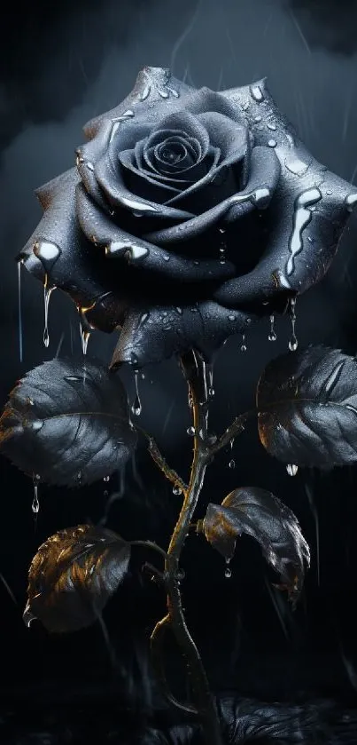 Gothic black rose with raindrops in dramatic lighting.