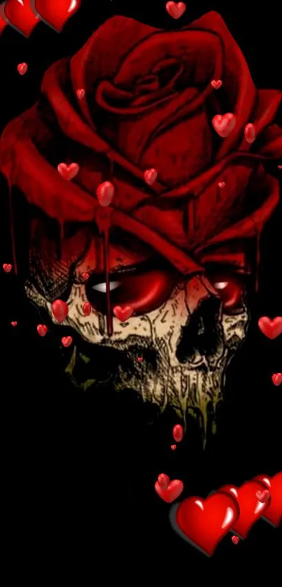 Skull with red rose on dark background mobile wallpaper.