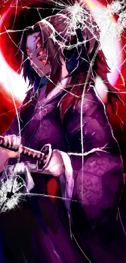 Dark samurai anime wallpaper with broken glass effect.