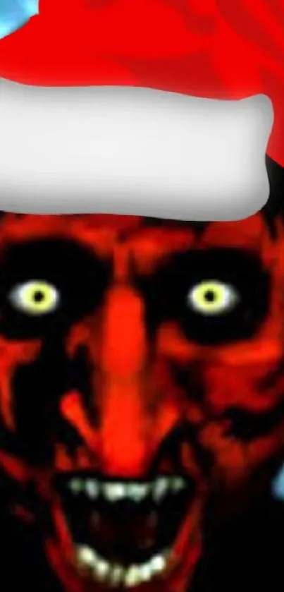 A spooky red-faced demon wearing a Santa hat, perfect for dark holiday themes.