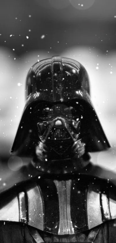 Dark sci-fi character in black and white with snow.