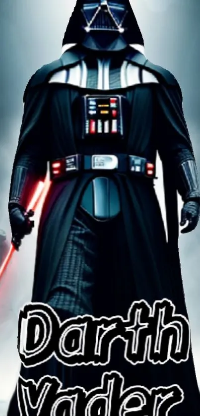 Dark armored character with lightsaber on a misty background.