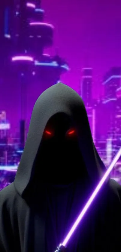 Hooded figure with lightsaber in neon cityscape.