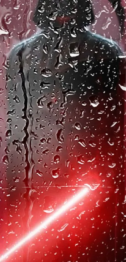 Rain-covered dark sci-fi wallpaper with red glow.